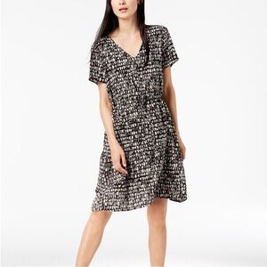 Eileen Fisher Silk Black and White Seraglio Print Drawstring Midi Dress | XL